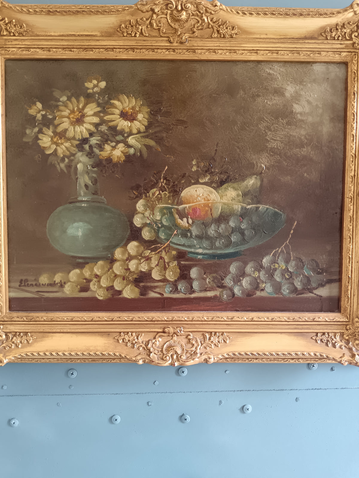 Dipinto Olio su Tavola ETTORE PERCIVALDI Natura Morta Cornice Dorata Barocca