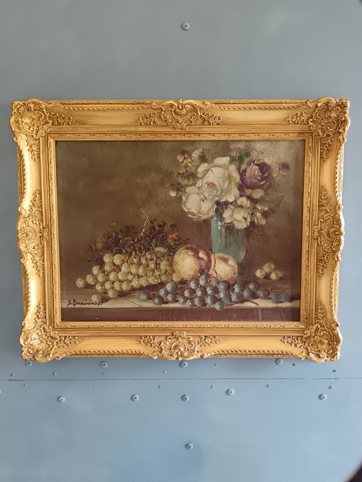 Dipinto Olio su Tavola ETTORE PERCIVALDI Natura Morta Fiori Frutta Cornice Oro