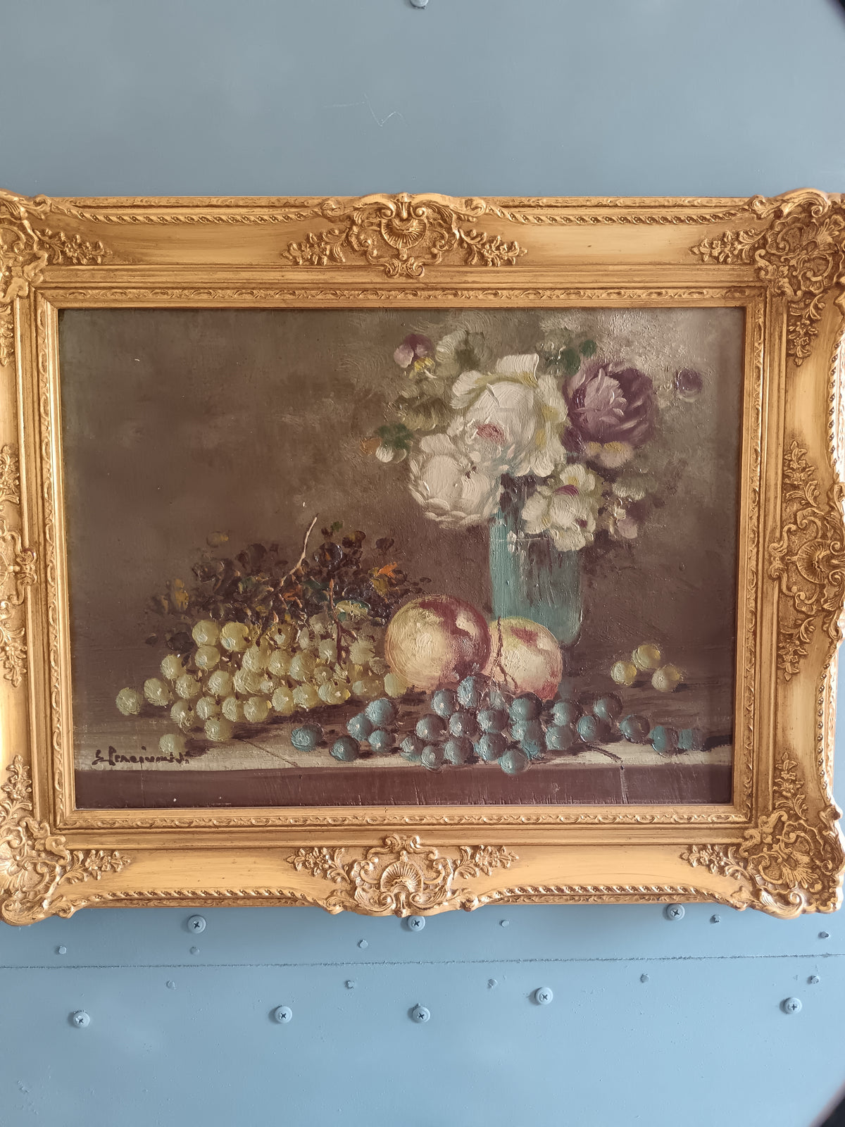 Dipinto Olio su Tavola ETTORE PERCIVALDI Natura Morta Fiori Frutta Cornice Oro