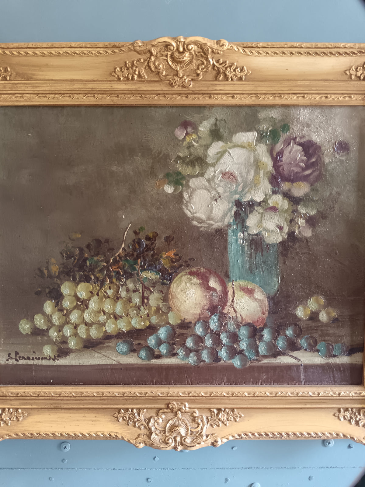 Dipinto Olio su Tavola ETTORE PERCIVALDI Natura Morta Fiori Frutta Cornice Oro