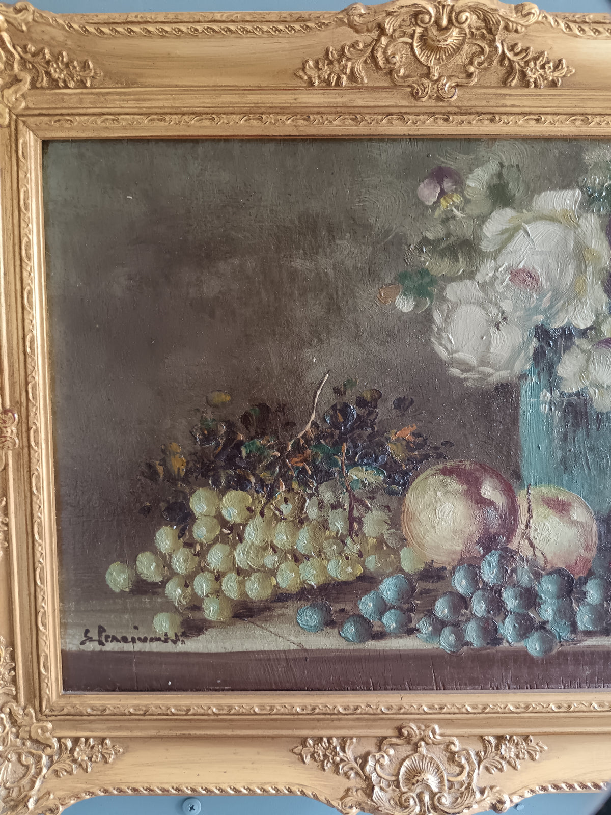 Dipinto Olio su Tavola ETTORE PERCIVALDI Natura Morta Fiori Frutta Cornice Oro