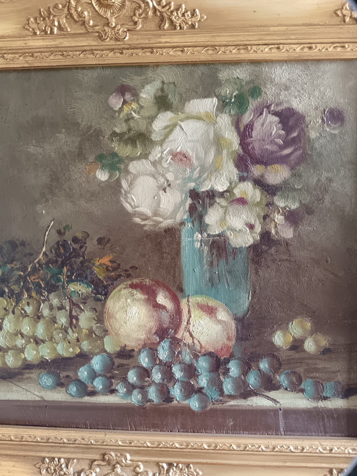 Dipinto Olio su Tavola ETTORE PERCIVALDI Natura Morta Fiori Frutta Cornice Oro