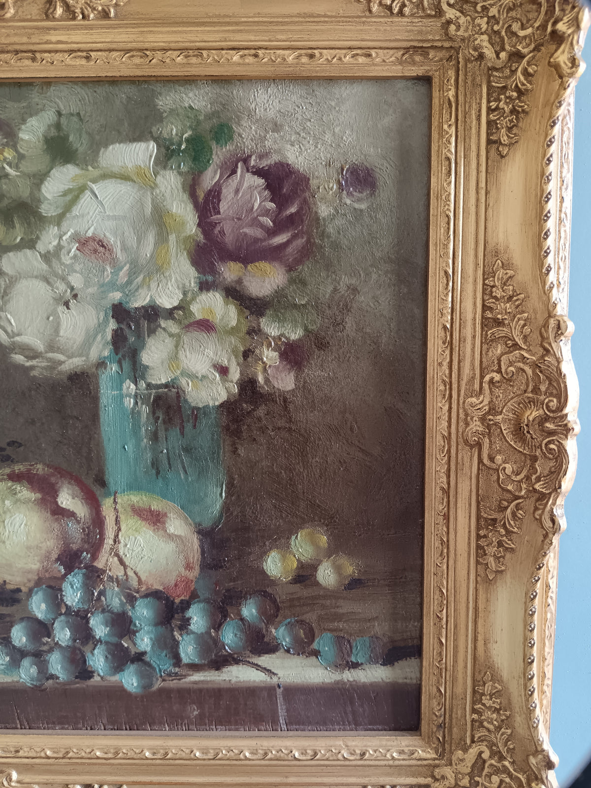 Dipinto Olio su Tavola ETTORE PERCIVALDI Natura Morta Fiori Frutta Cornice Oro