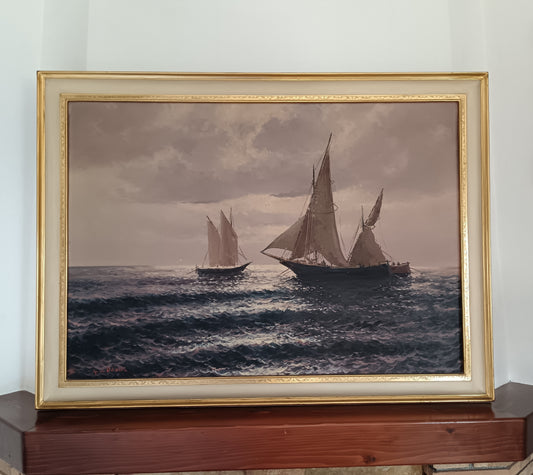 Guido Odierna (1913-1991) – Marina con Barche a Vela, Olio su Tela 70x100 cm, Firmato