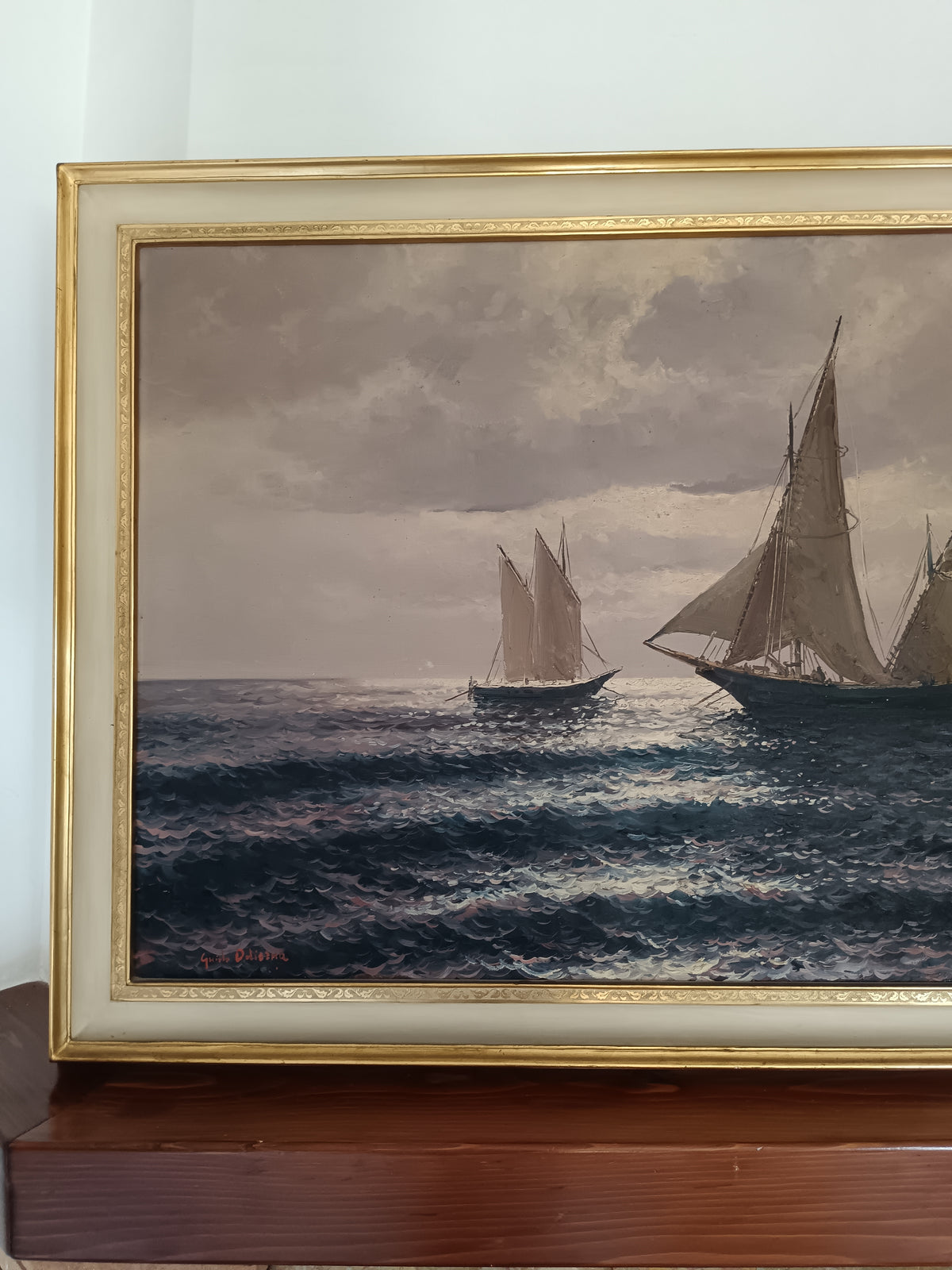 Guido Odierna (1913-1991) – Marina con Barche a Vela, Olio su Tela 70x100 cm, Firmato
