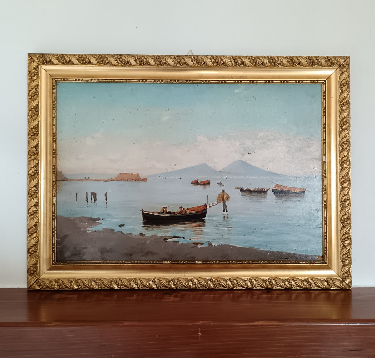 Dipinto Olio su Tavola Golfo di Napoli Vesuvio Franco Ruggiero Cornice Oro