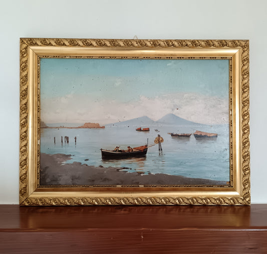 Dipinto Olio su Tavola Golfo di Napoli Vesuvio Franco Ruggiero Cornice Oro