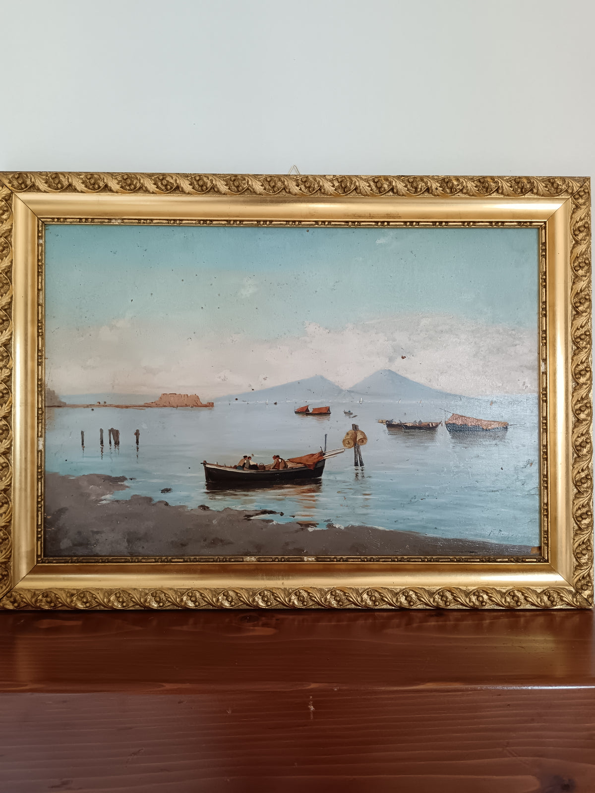 Dipinto Olio su Tavola Golfo di Napoli Vesuvio Franco Ruggiero Cornice Oro