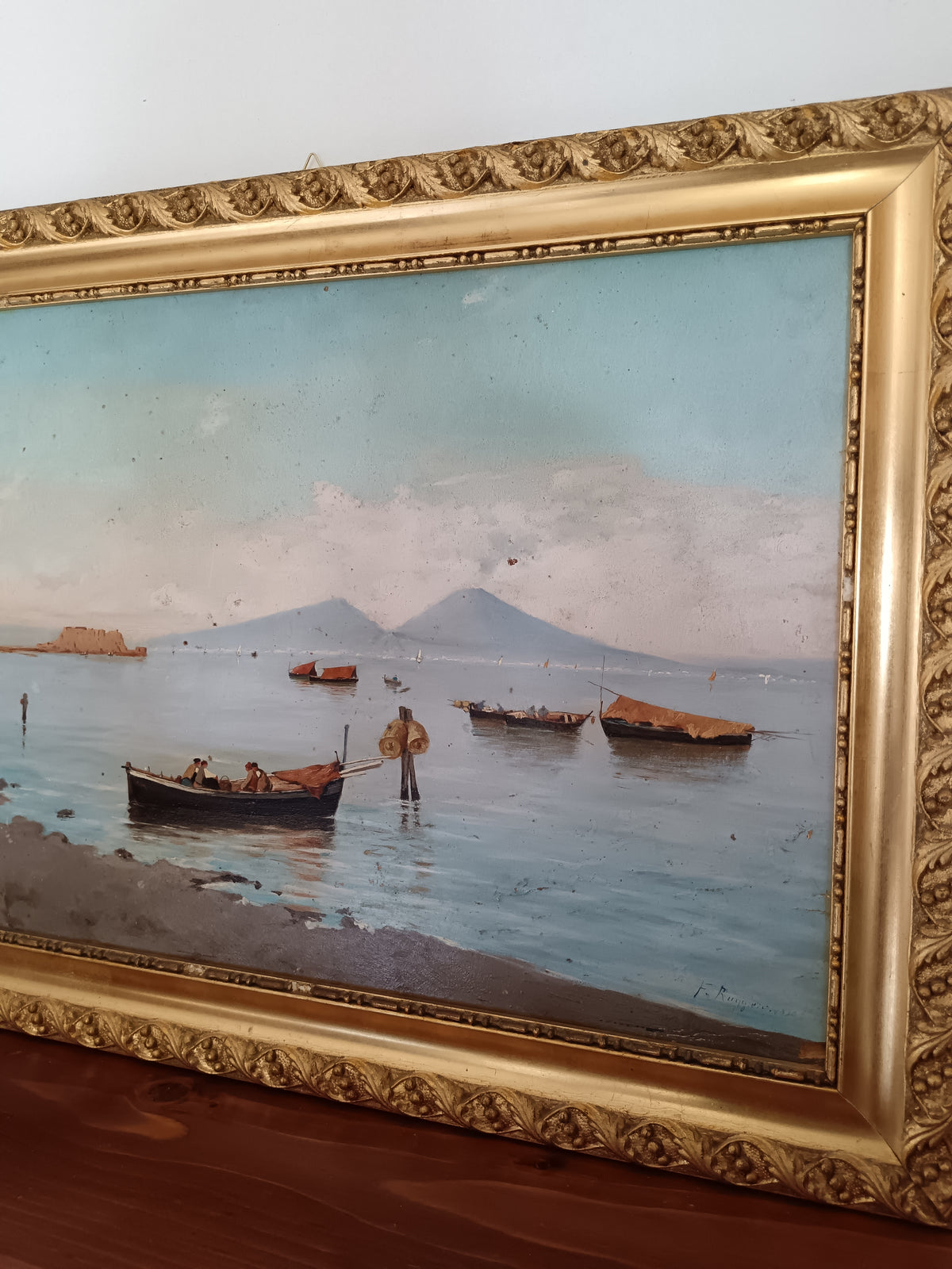Dipinto Olio su Tavola Golfo di Napoli Vesuvio Franco Ruggiero Cornice Oro