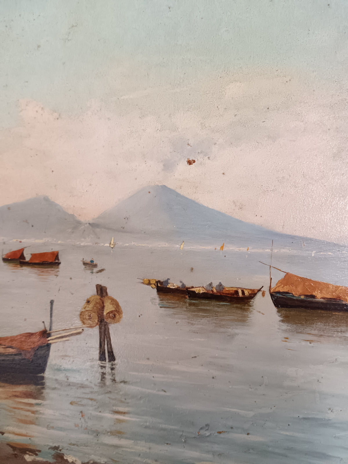 Dipinto Olio su Tavola Golfo di Napoli Vesuvio Franco Ruggiero Cornice Oro