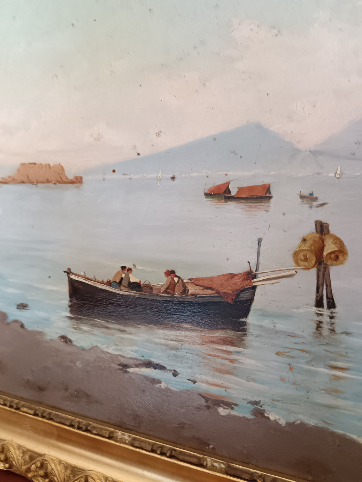 Dipinto Olio su Tavola Golfo di Napoli Vesuvio Franco Ruggiero Cornice Oro