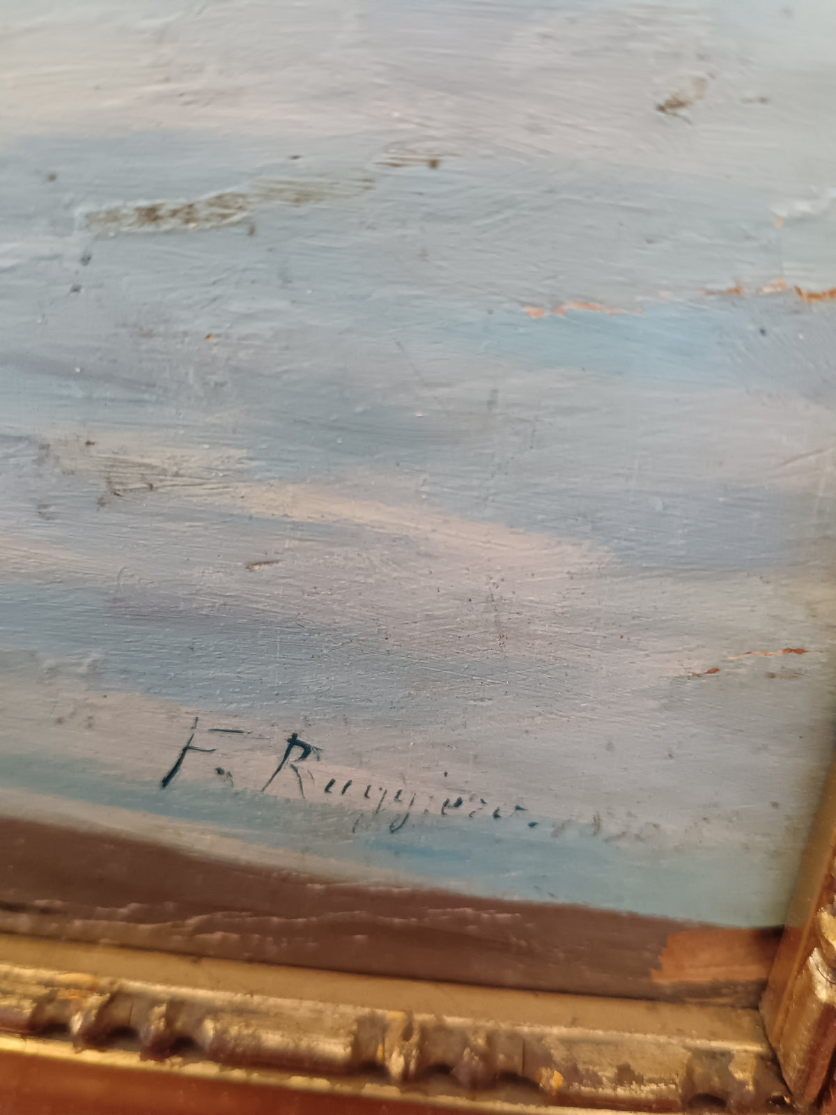 Dipinto Olio su Tavola Golfo di Napoli Vesuvio Franco Ruggiero Cornice Oro