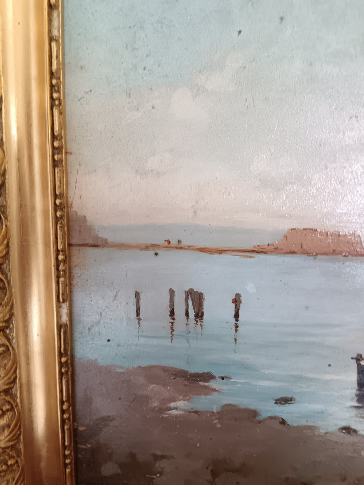 Dipinto Olio su Tavola Golfo di Napoli Vesuvio Franco Ruggiero Cornice Oro
