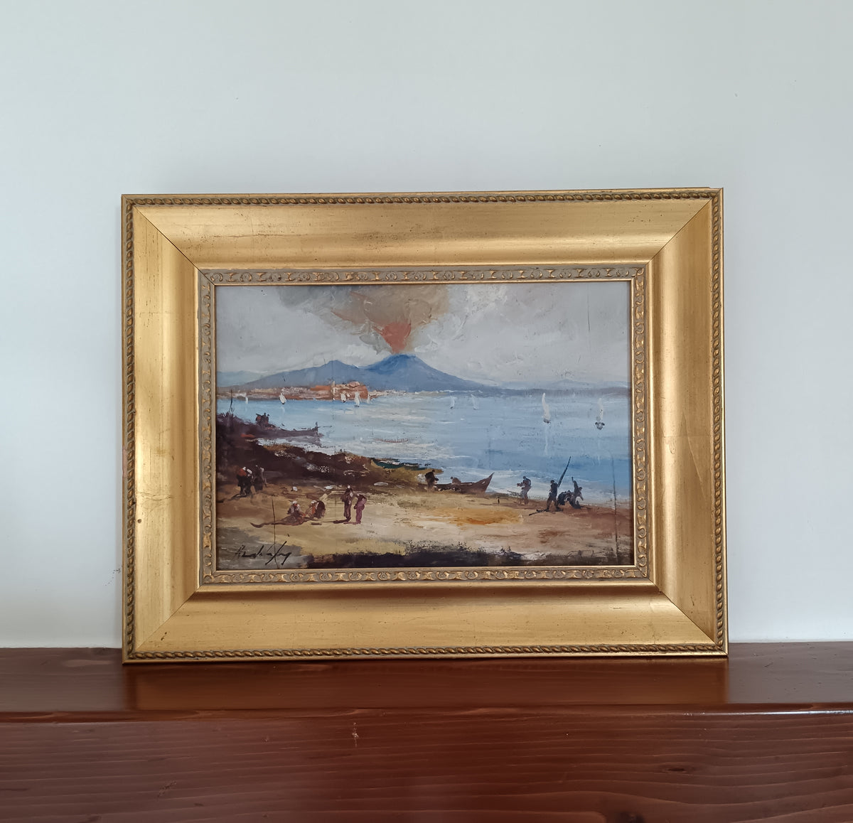 Dipinto Olio su Tavola Riccardo Capone Vesuvio Golfo di Napoli Epoca  '900