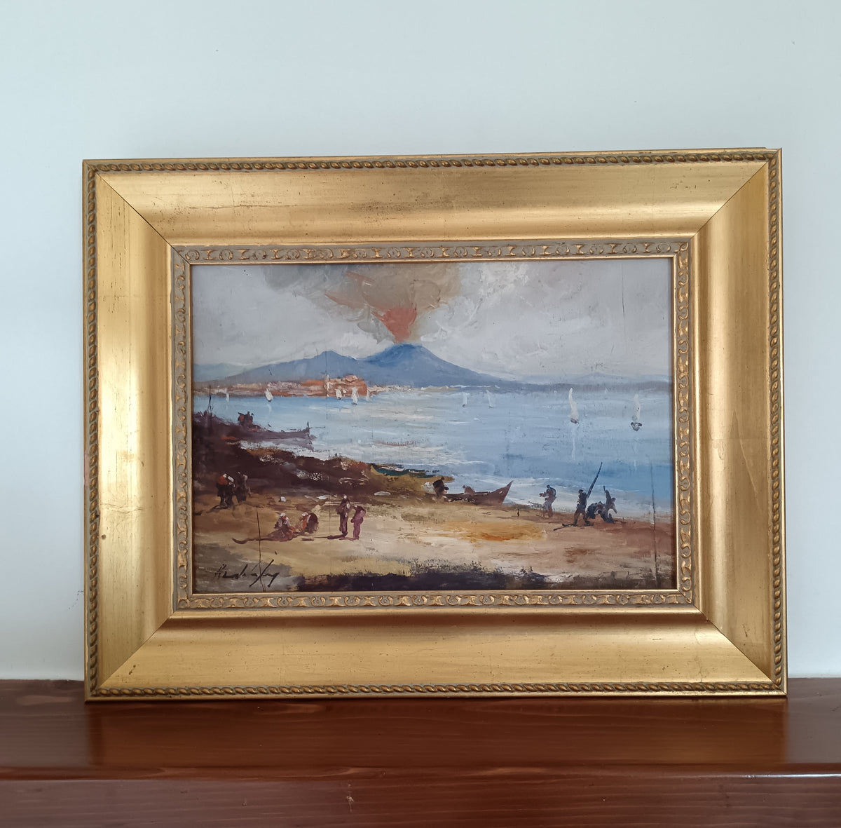 Dipinto Olio su Tavola Riccardo Capone Vesuvio Golfo di Napoli Epoca  '900