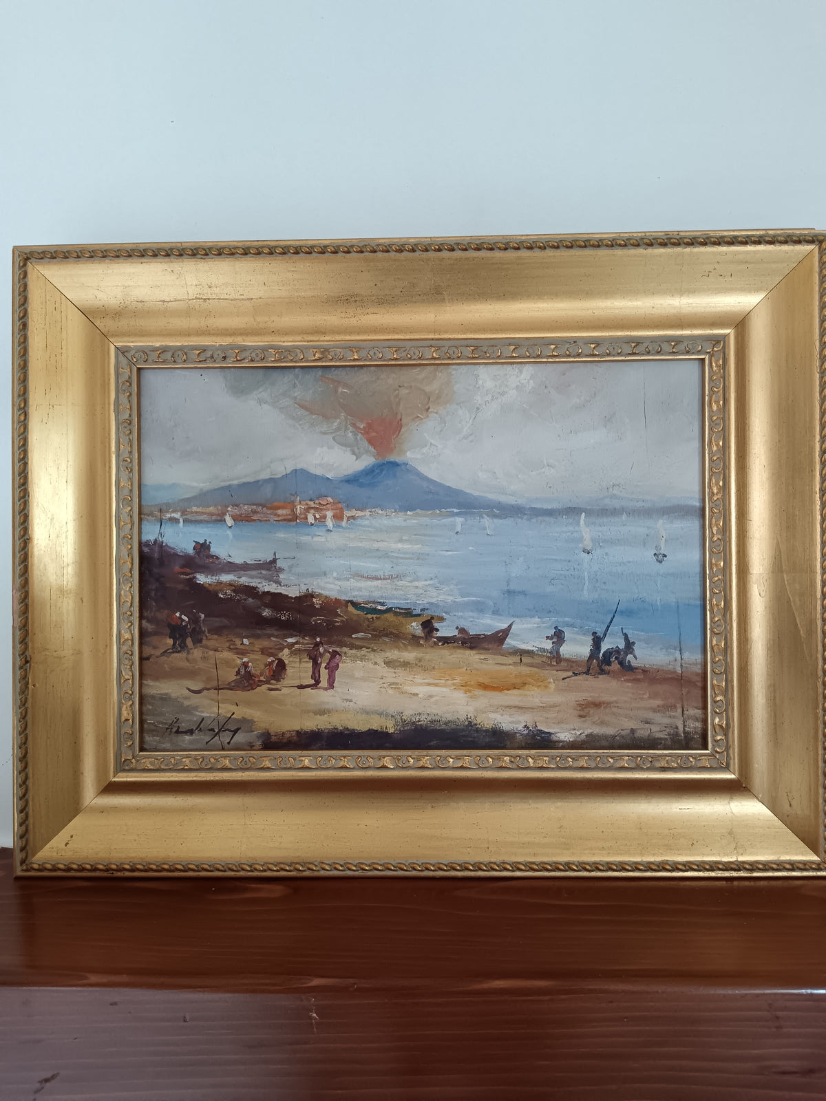 Dipinto Olio su Tavola Riccardo Capone Vesuvio Golfo di Napoli Epoca  '900