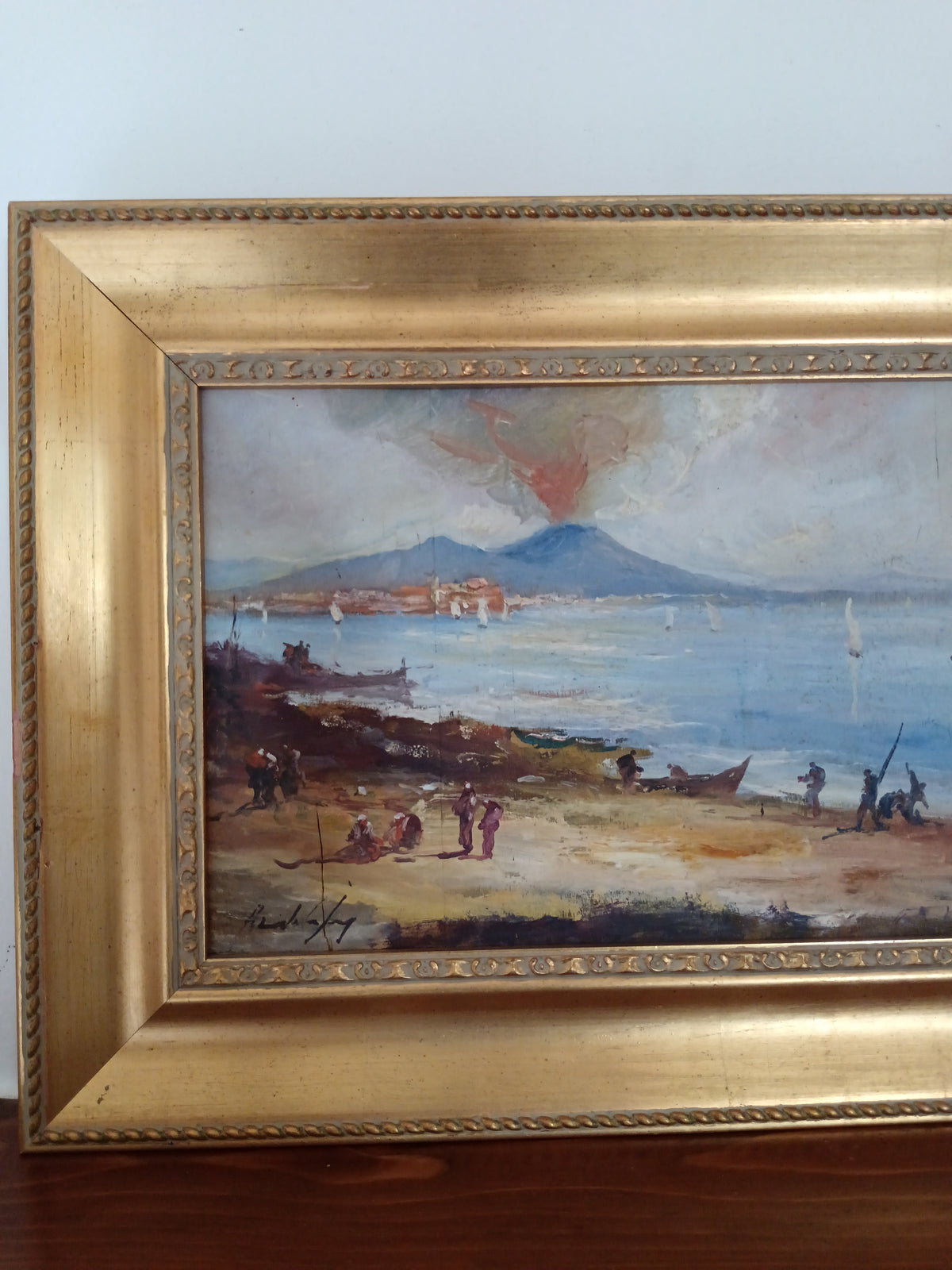 Dipinto Olio su Tavola Riccardo Capone Vesuvio Golfo di Napoli Epoca  '900