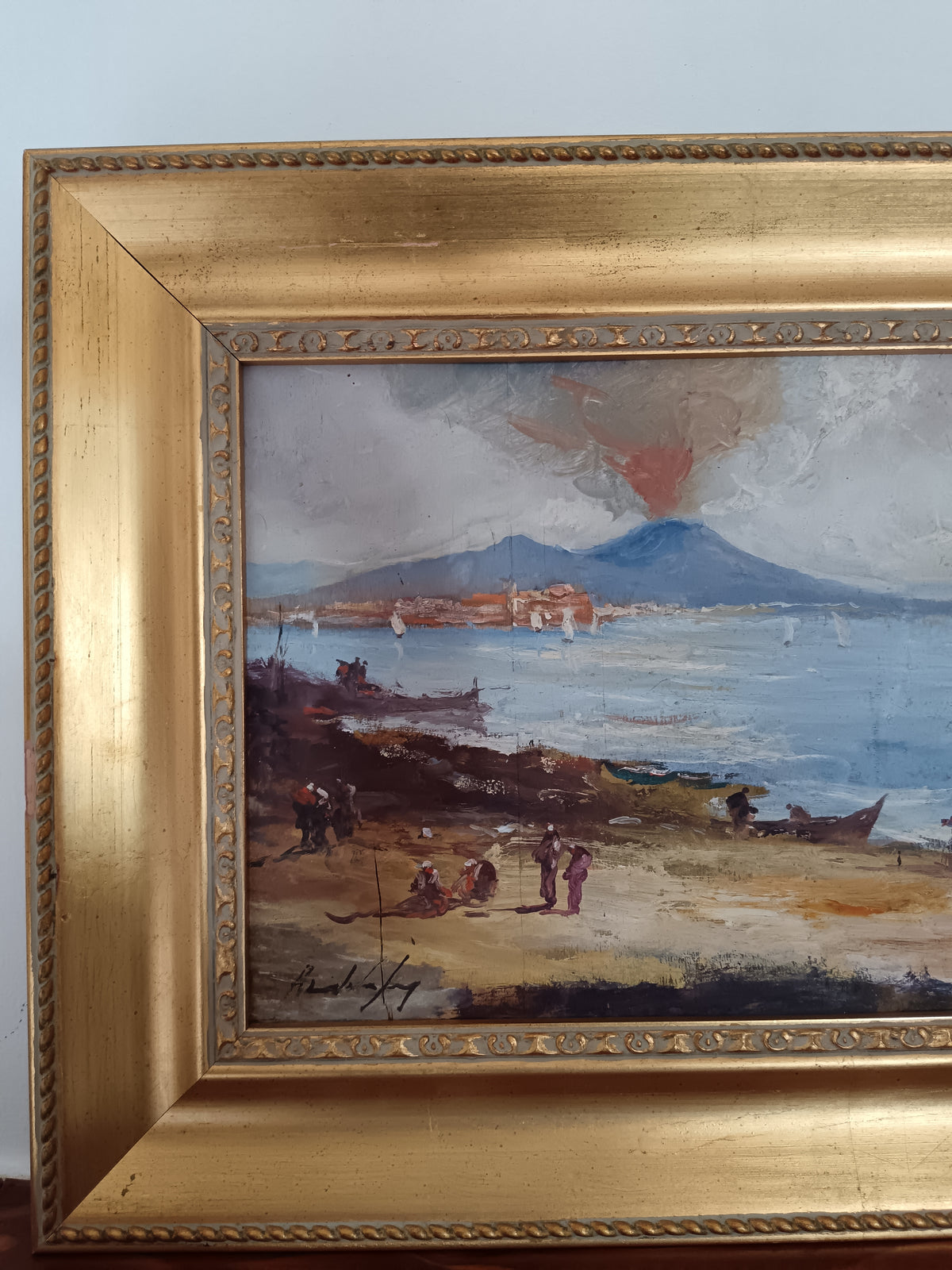 Dipinto Olio su Tavola Riccardo Capone Vesuvio Golfo di Napoli Epoca  '900