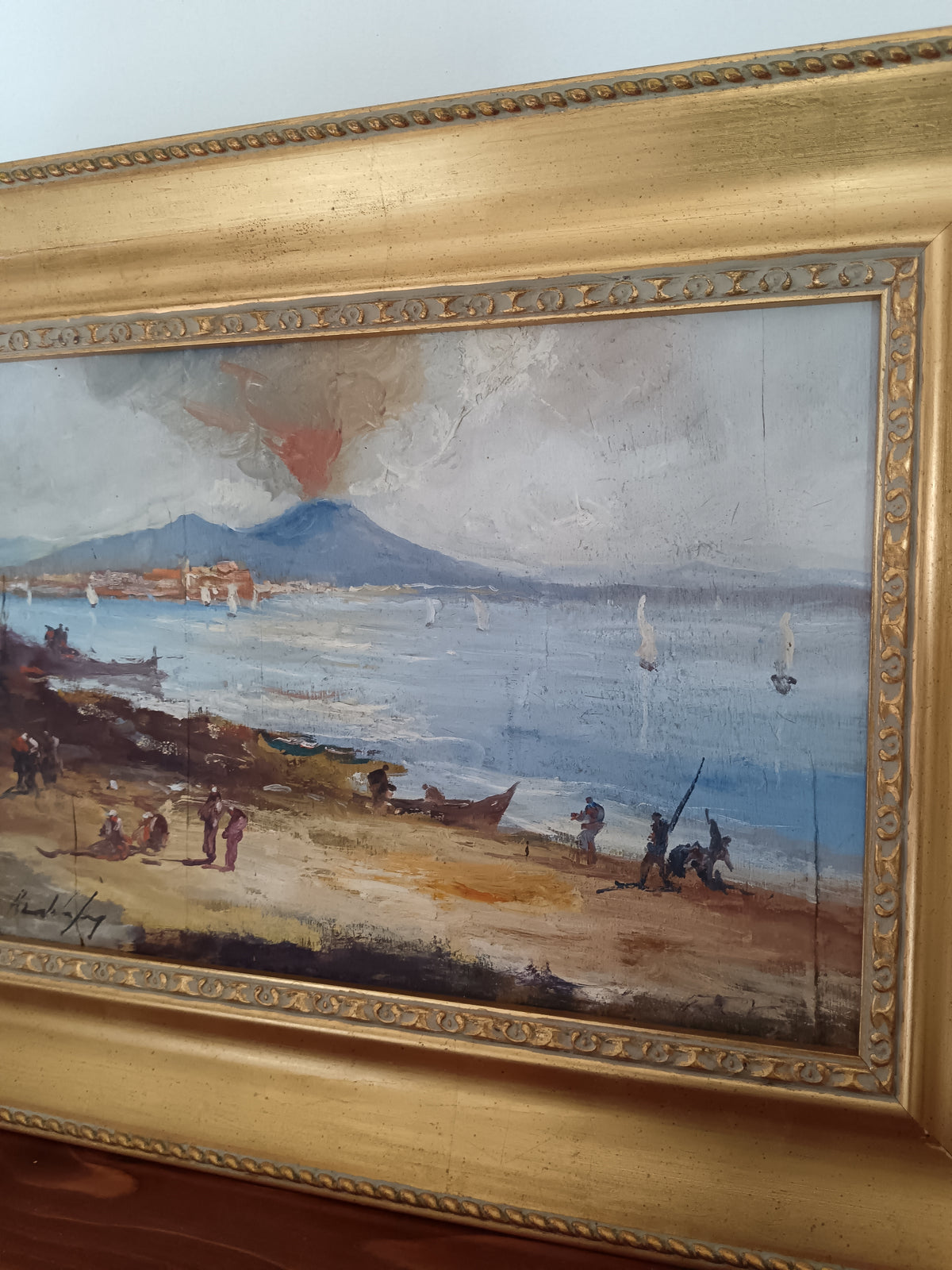 Dipinto Olio su Tavola Riccardo Capone Vesuvio Golfo di Napoli Epoca  '900