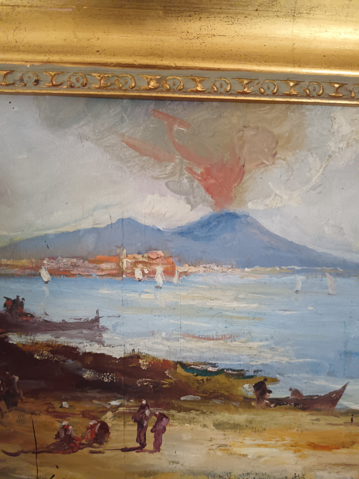 Dipinto Olio su Tavola Riccardo Capone Vesuvio Golfo di Napoli Epoca  '900