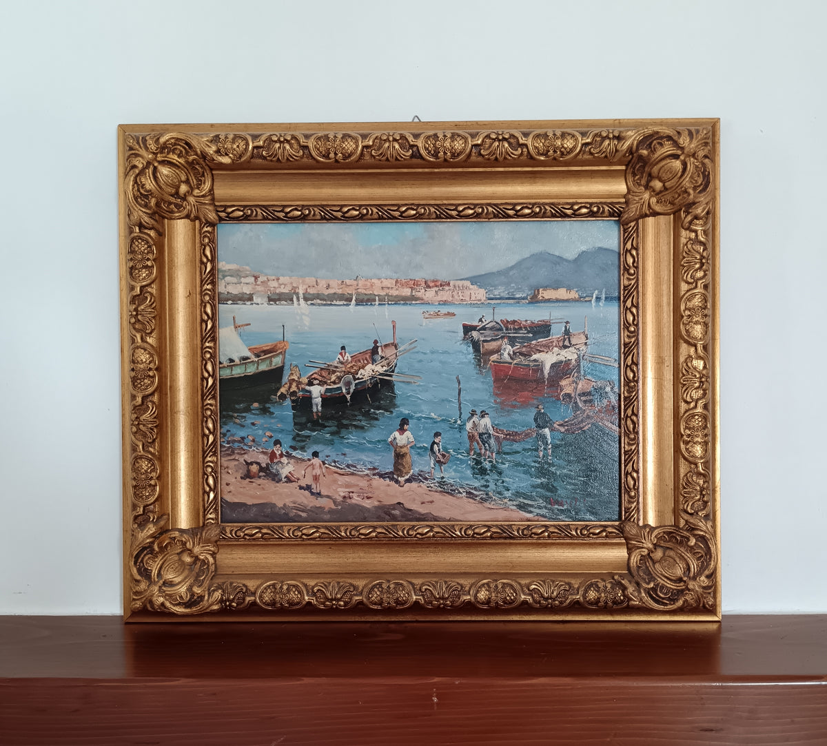 Quadro Olio Francesco Vassetti Pescatori Golfo di Napoli con Cornice