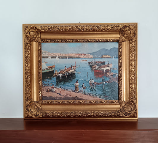 Quadro Olio Francesco Vassetti Pescatori Golfo di Napoli con Cornice