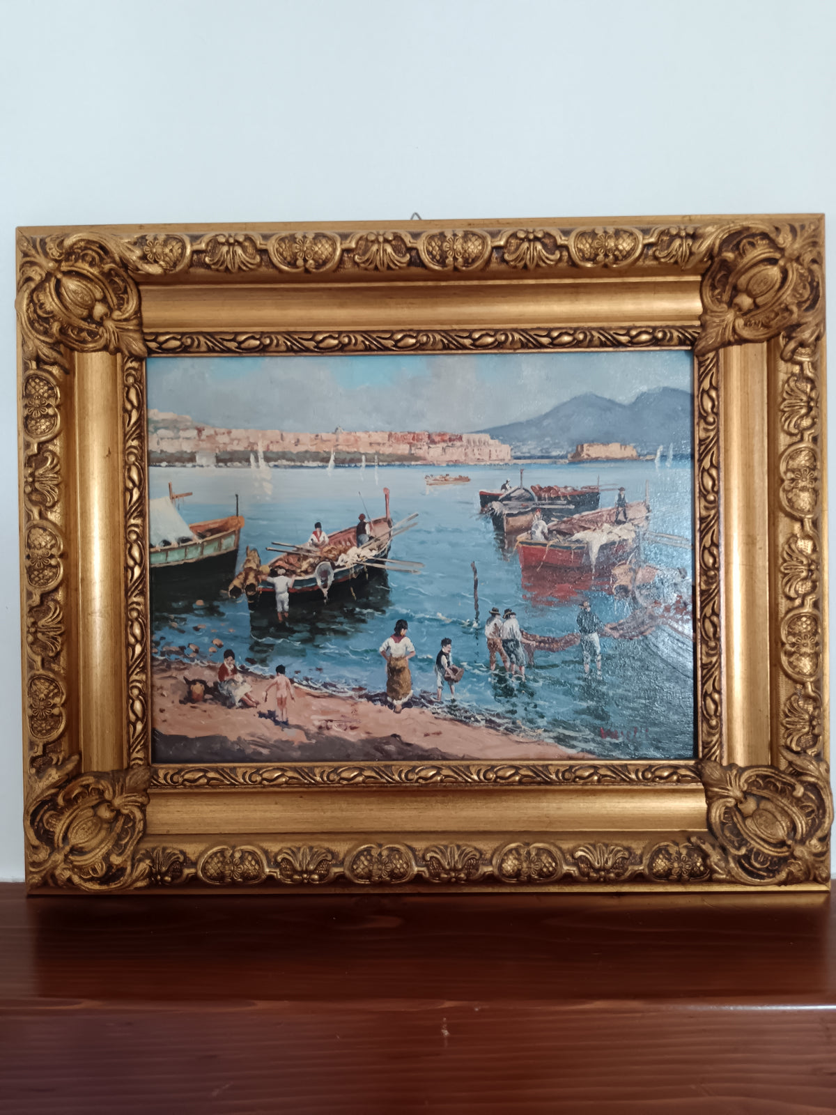 Quadro Olio Francesco Vassetti Pescatori Golfo di Napoli con Cornice