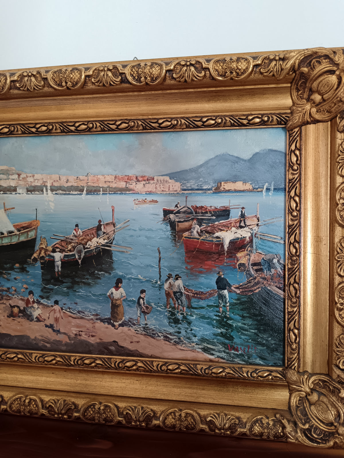 Quadro Olio Francesco Vassetti Pescatori Golfo di Napoli con Cornice