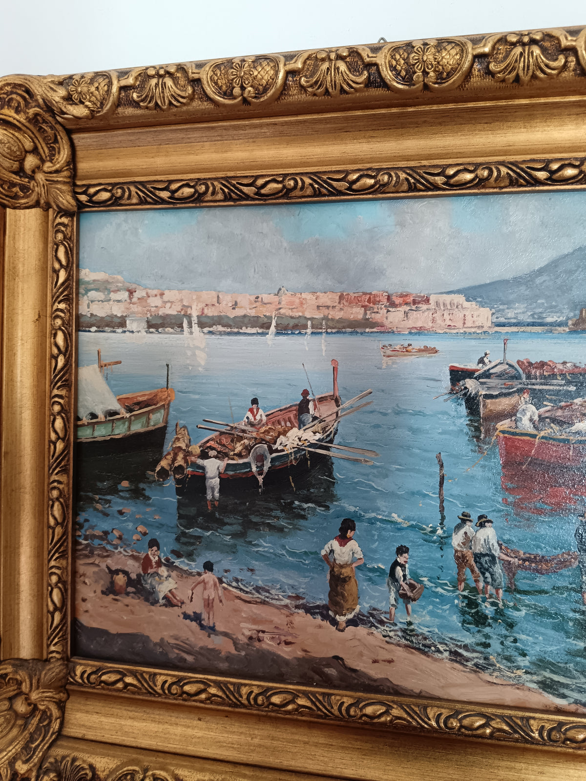 Quadro Olio Francesco Vassetti Pescatori Golfo di Napoli con Cornice