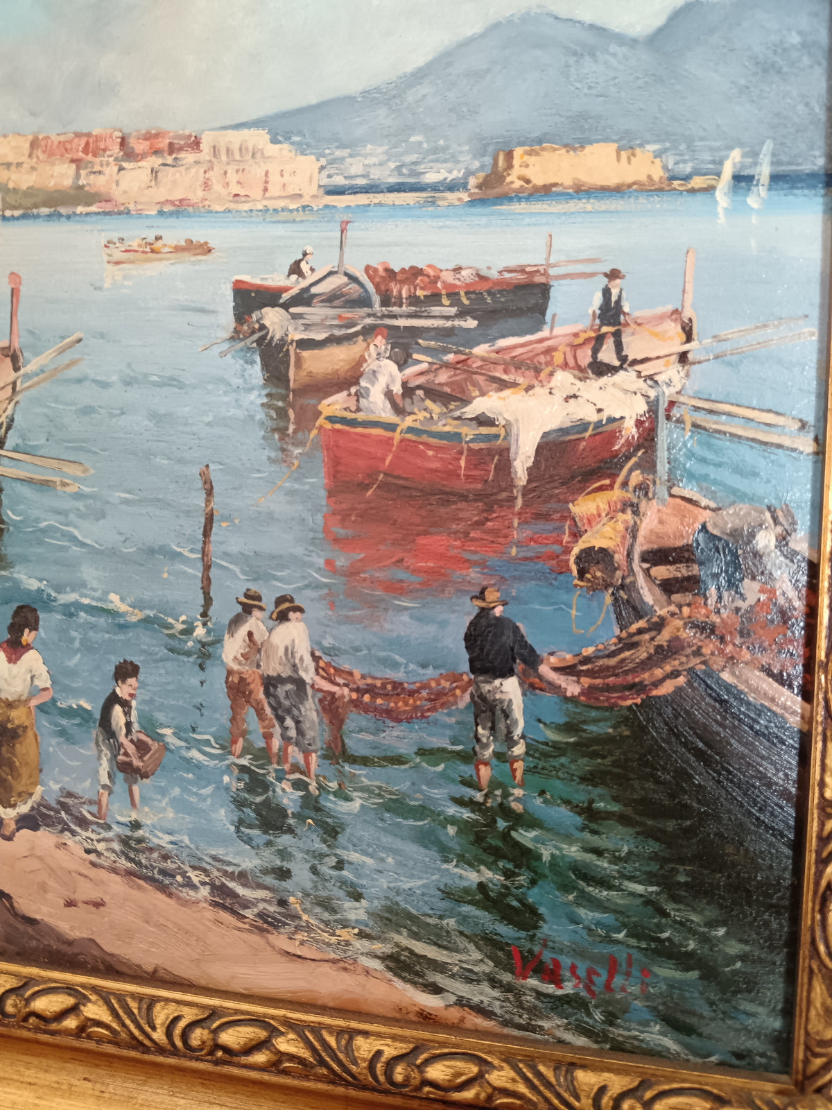 Quadro Olio Francesco Vassetti Pescatori Golfo di Napoli con Cornice