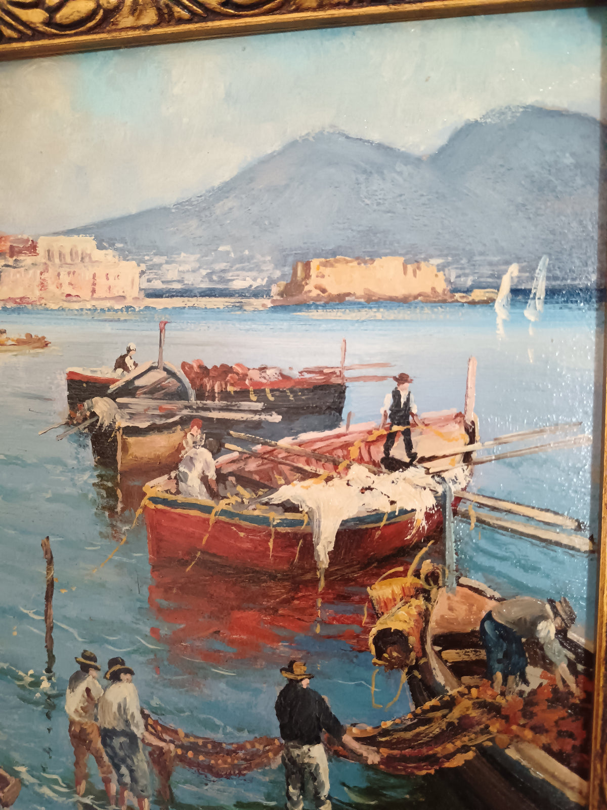 Quadro Olio Francesco Vassetti Pescatori Golfo di Napoli con Cornice