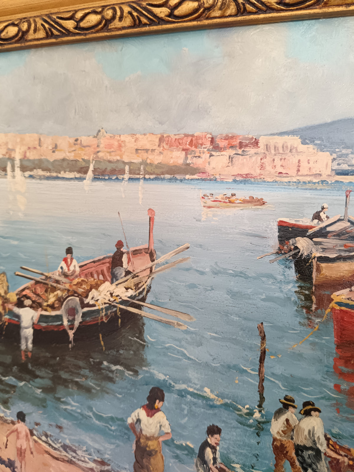 Quadro Olio Francesco Vassetti Pescatori Golfo di Napoli con Cornice