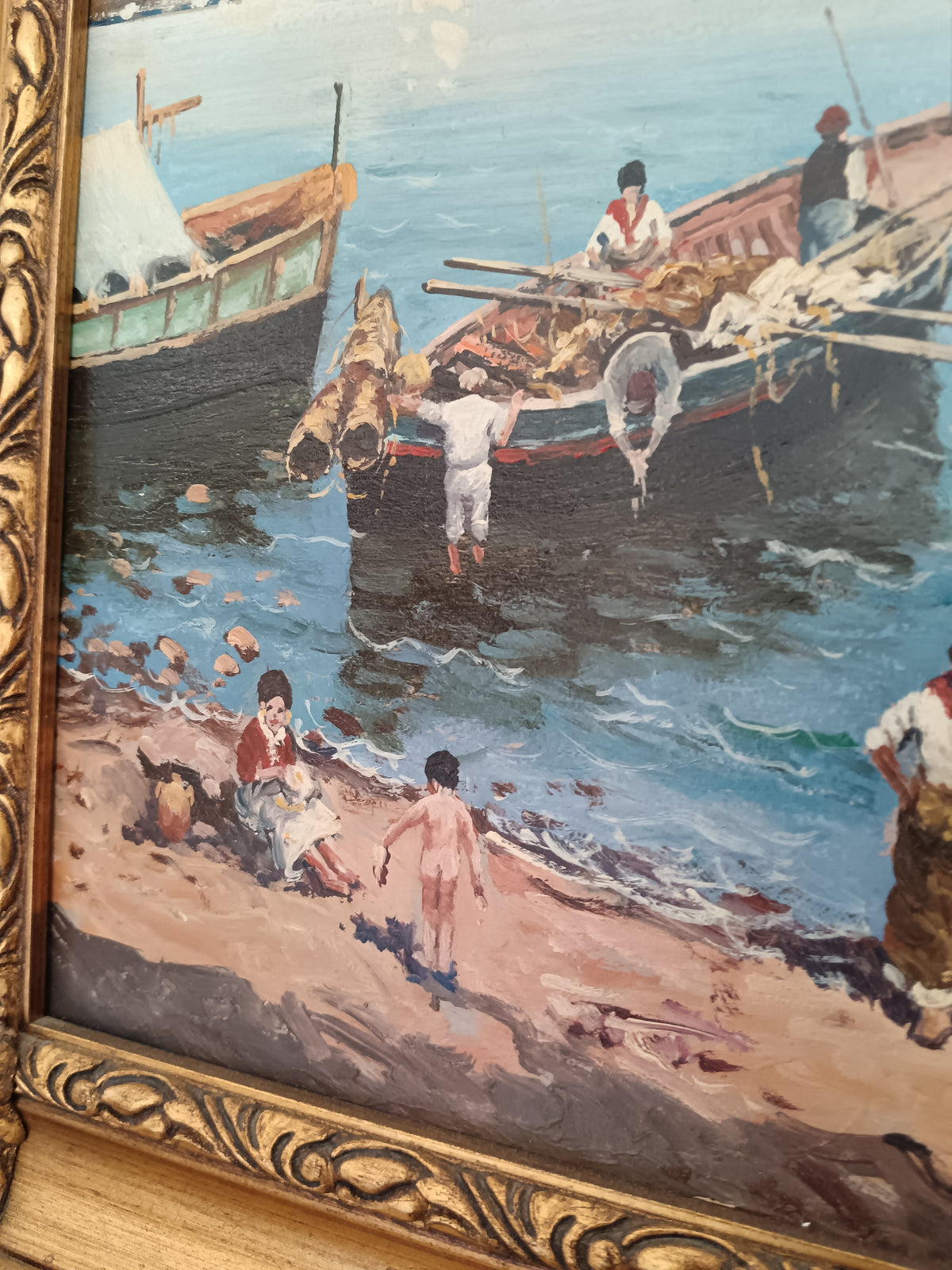 Quadro Olio Francesco Vassetti Pescatori Golfo di Napoli con Cornice