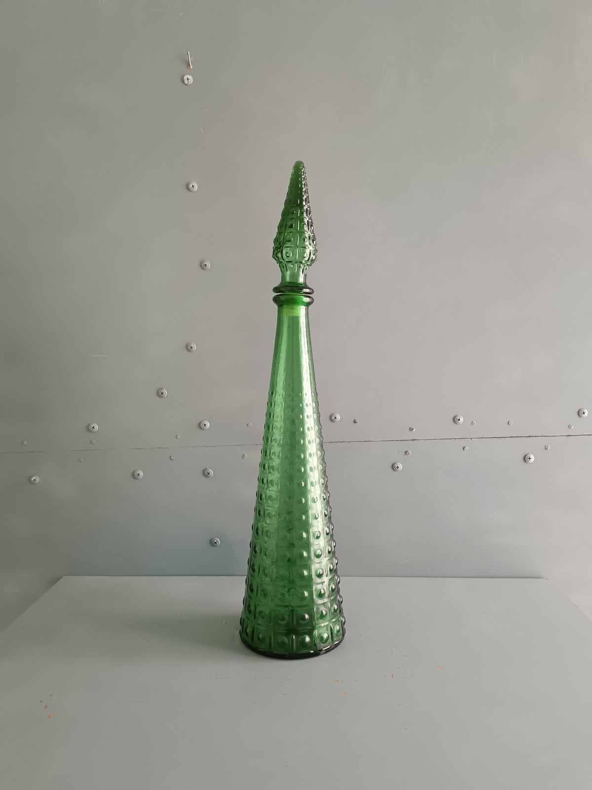 Bottiglia Genie Vetro Empoli Vintage Anni 60 70 Verde Decanter 46 cm Italy