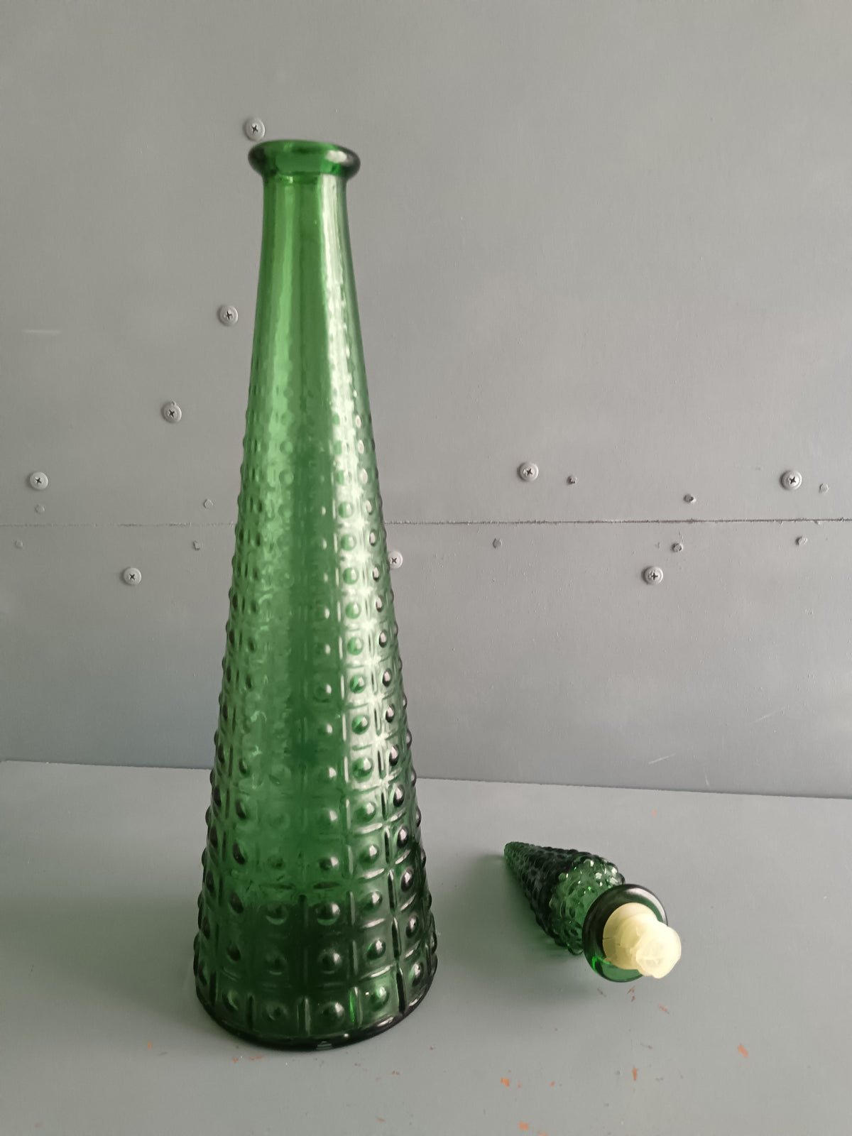 Bottiglia Genie Vetro Empoli Vintage Anni 60 70 Verde Decanter 46 cm Italy