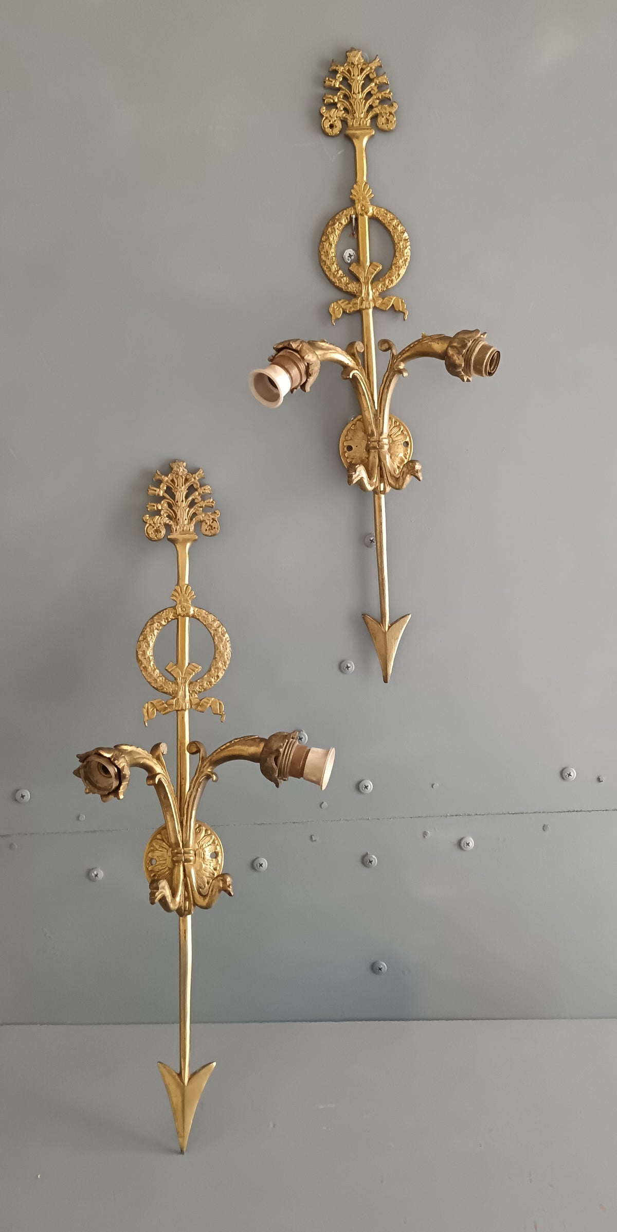 Coppia Applique Stile Impero Bronzo Dorato 47cm Freccia Cigno Pair Empire Sconces