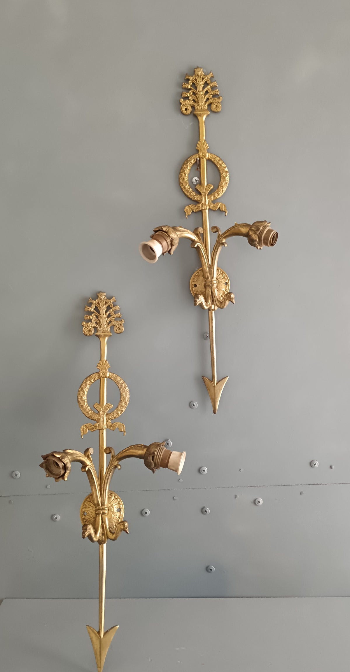 Coppia Applique Stile Impero Bronzo Dorato 47cm Freccia Cigno Pair Empire Sconces