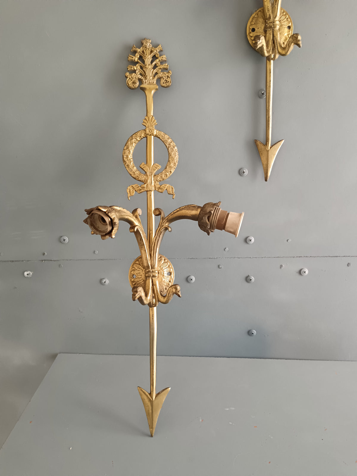 Coppia Applique Stile Impero Bronzo Dorato 47cm Freccia Cigno Pair Empire Sconces