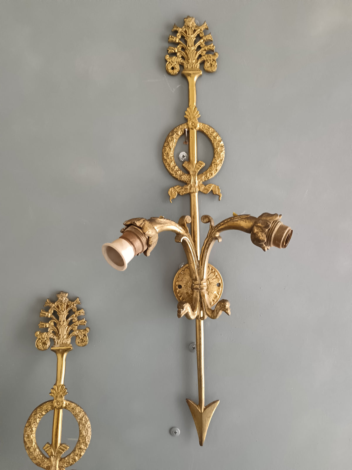 Coppia Applique Stile Impero Bronzo Dorato 47cm Freccia Cigno Pair Empire Sconces