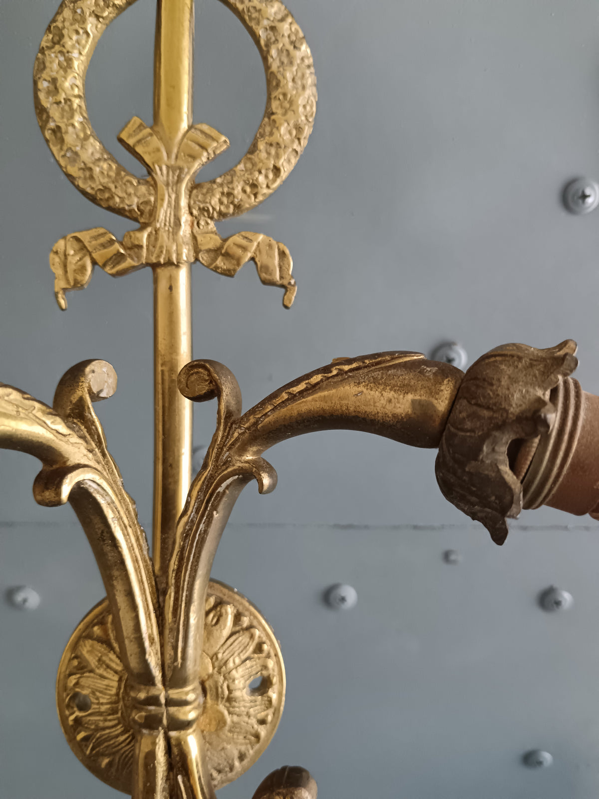 Coppia Applique Stile Impero Bronzo Dorato 47cm Freccia Cigno Pair Empire Sconces