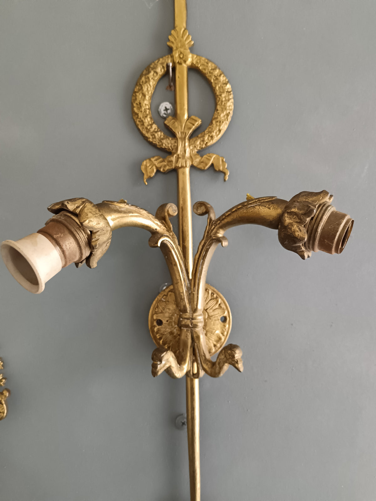 Coppia Applique Stile Impero Bronzo Dorato 47cm Freccia Cigno Pair Empire Sconces
