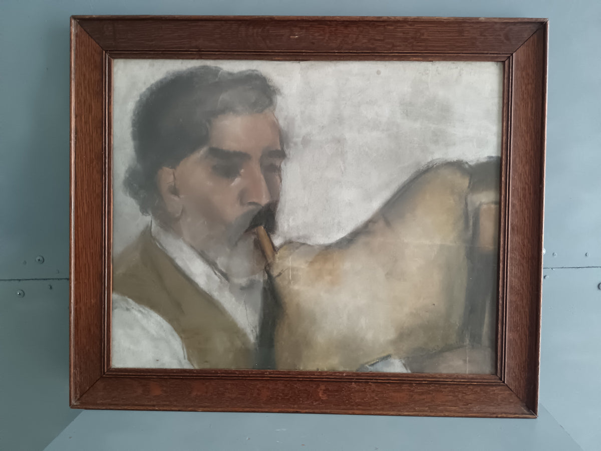 Dipinto Pastello su Carta Suonatore Zampogna Fine 800 Quadro Cornice Legno