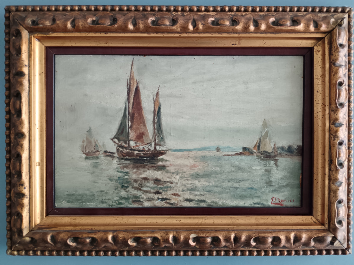Antico Dipinto Marina con Velieri Olio su Cartone Telato '900 Scuola Ligure