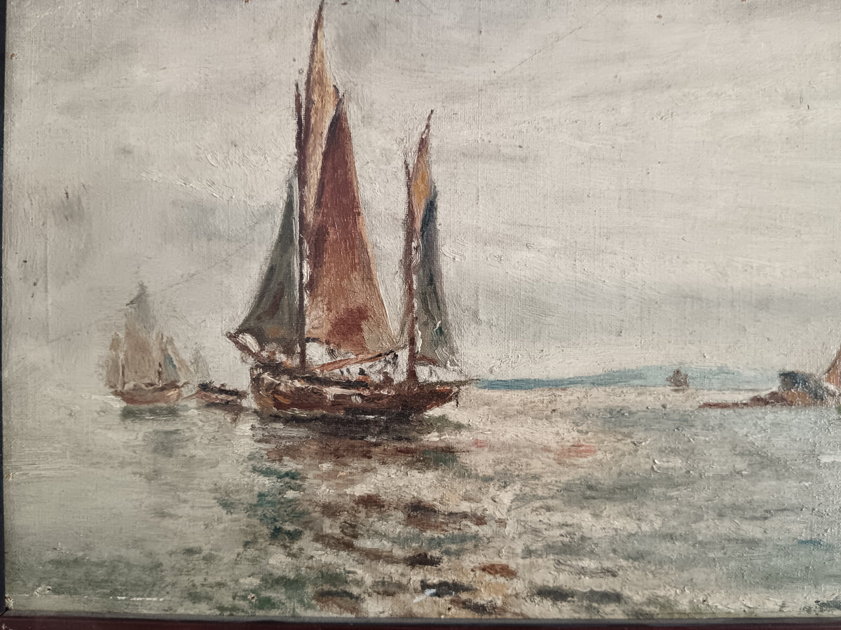 Antico Dipinto Marina con Velieri Olio su Cartone Telato '900 Scuola Ligure