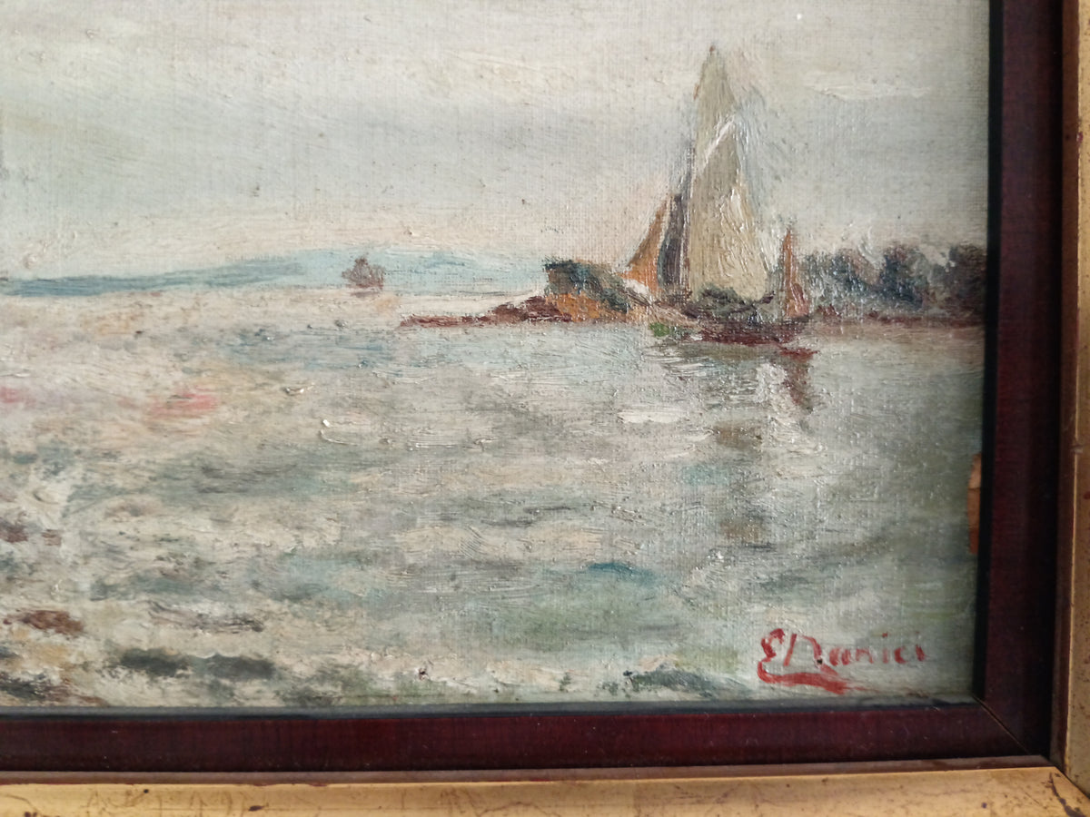 Antico Dipinto Marina con Velieri Olio su Cartone Telato '900 Scuola Ligure