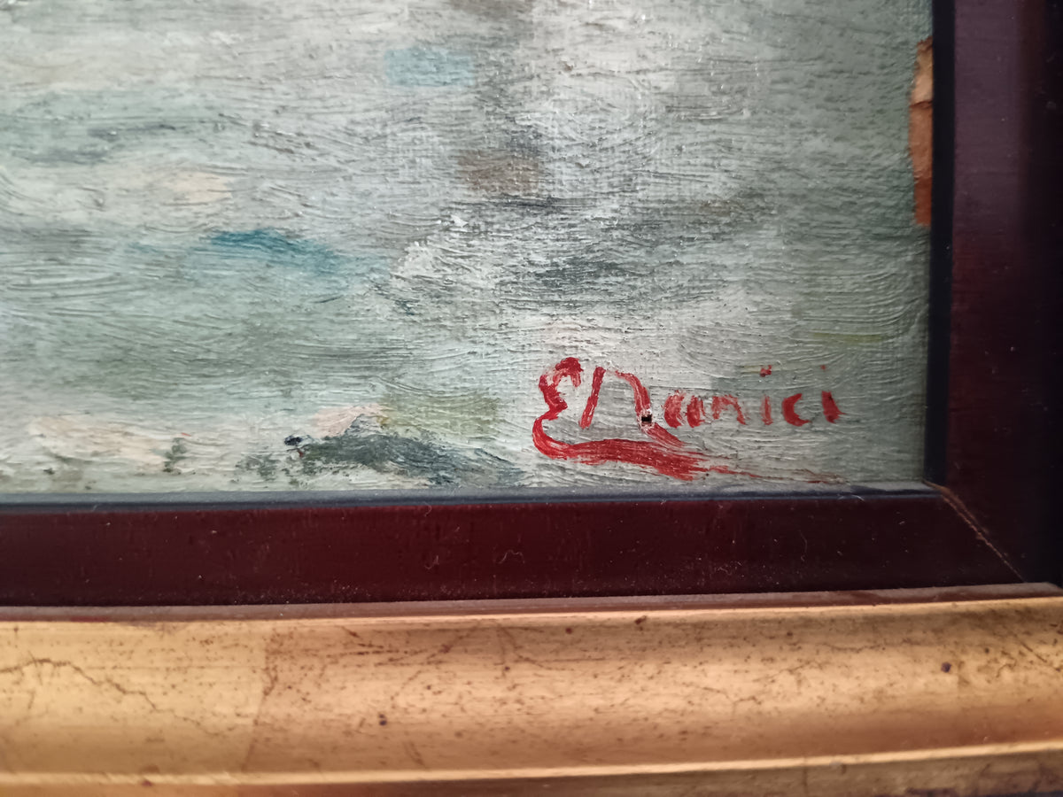 Antico Dipinto Marina con Velieri Olio su Cartone Telato '900 Scuola Ligure