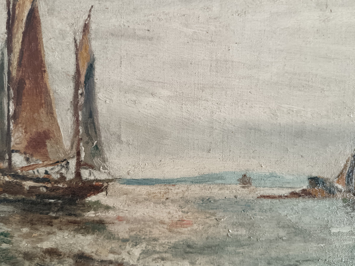 Antico Dipinto Marina con Velieri Olio su Cartone Telato '900 Scuola Ligure