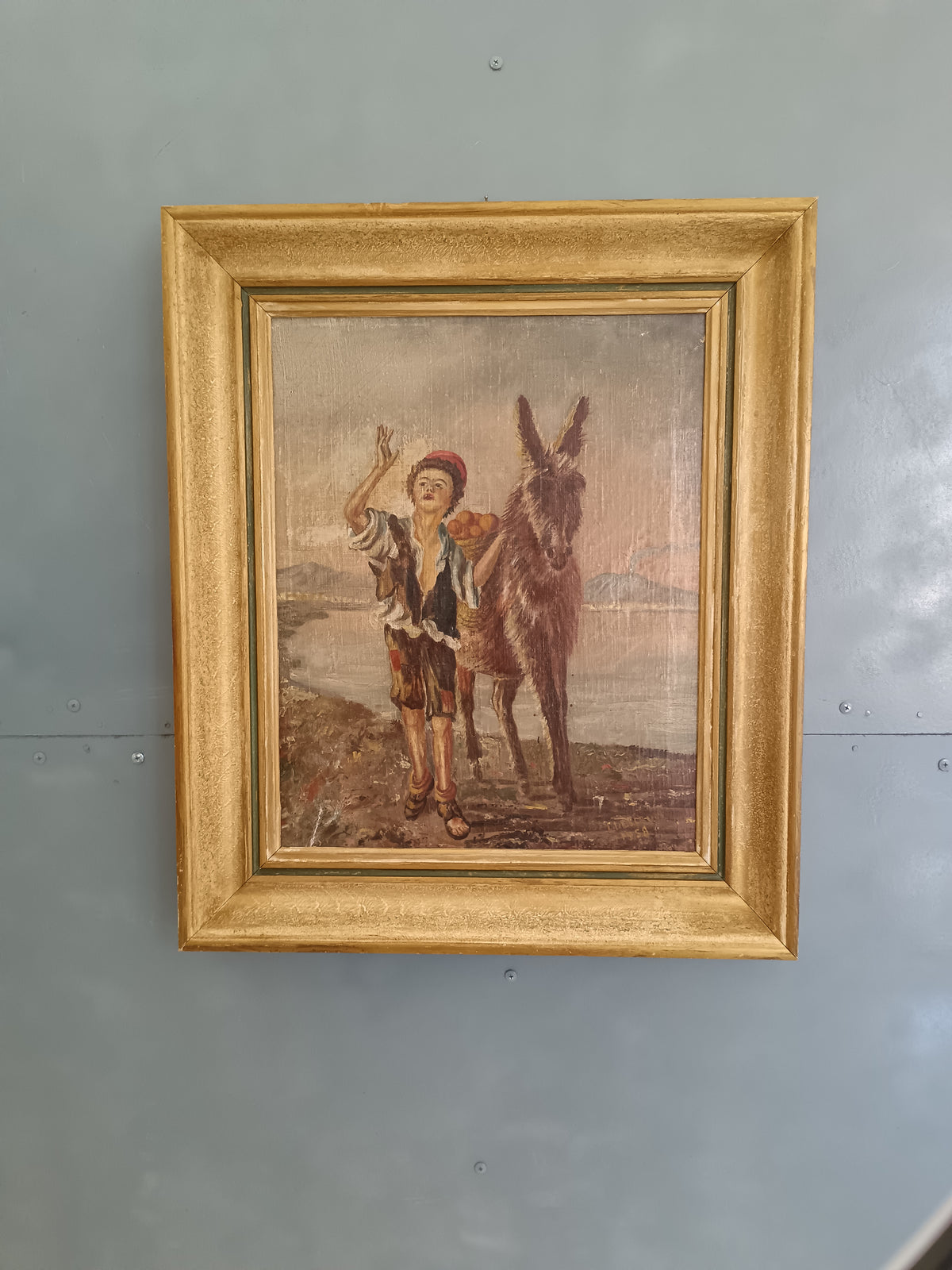 Dipinto Olio su Tela Asinello Fanciullo L. Descrovi 1958 Vesuvio Quadro Vintage