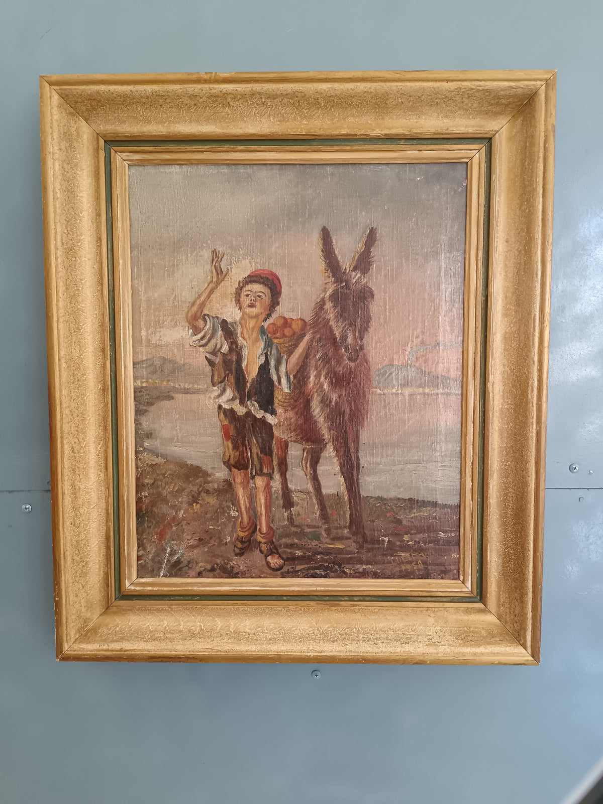 Dipinto Olio su Tela Asinello Fanciullo L. Descrovi 1958 Vesuvio Quadro Vintage