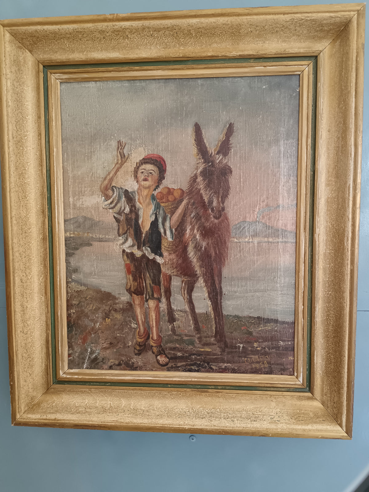Dipinto Olio su Tela Asinello Fanciullo L. Descrovi 1958 Vesuvio Quadro Vintage